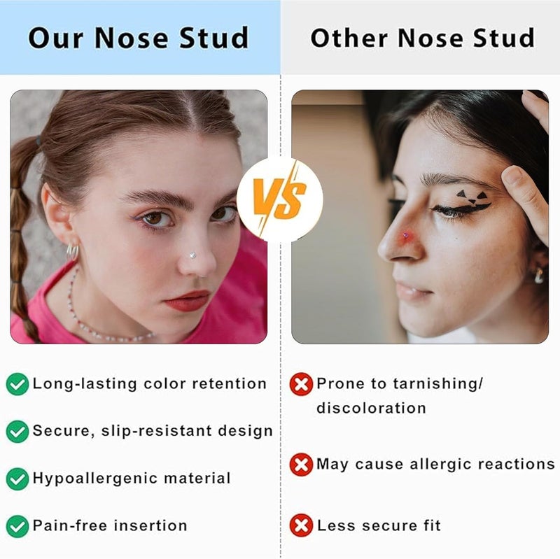 XoCiuKe 10Pcs 20G Nose Rings Studs for Women Corkscrew Sliver Nose Studs Hypoallergenic Nose Rings 316L Surgical Stainless Steel Nose Nostril Percing Jewely for Women Men Round Square CZ Imitation Diamond 1.5mm/2.0mm/2.5mm/3.0mm - Image 3
